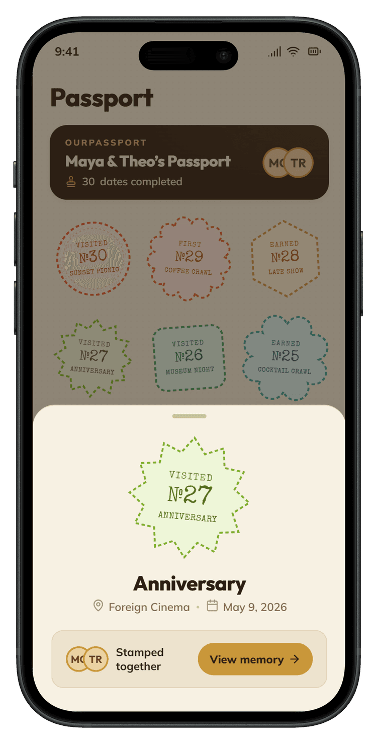 An iPhone showing the OurPassport passport page with a 3x3 grid of colourful earned stamps in red, orange, yellow, green, teal, blue, purple, and pink. A dark cover card at the top reads Maya and Theo's Passport with 30 dates completed.