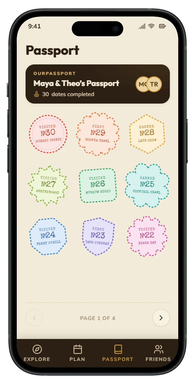 An iPhone showing the OurPassport passport page with a 3x3 grid of colourful earned stamps in red, orange, yellow, green, teal, blue, purple, and pink. A dark cover card at the top reads Maya and Theo's Passport with 30 dates completed.